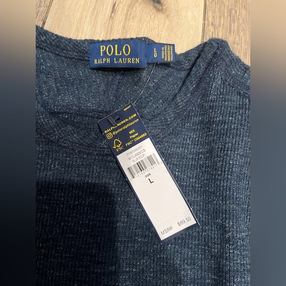 Ralph Lauren Polo Shirt Mens Large Blue Waffle Knit Long Sleeve Crew Pony - Picture 2 of 6